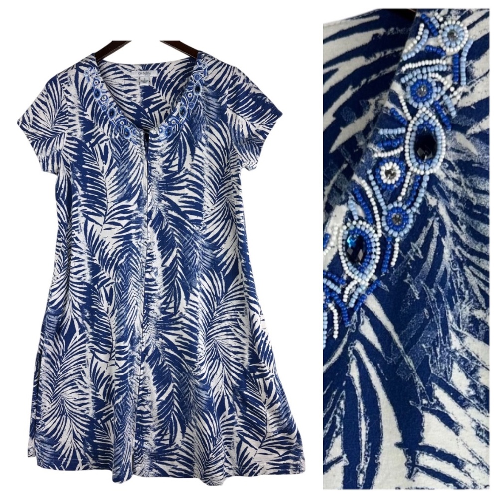 Go Softly Patio Dress Sz Small Full Zip Kaftan Mumu Blue White Beaded Tropical - Picture 2 of 5